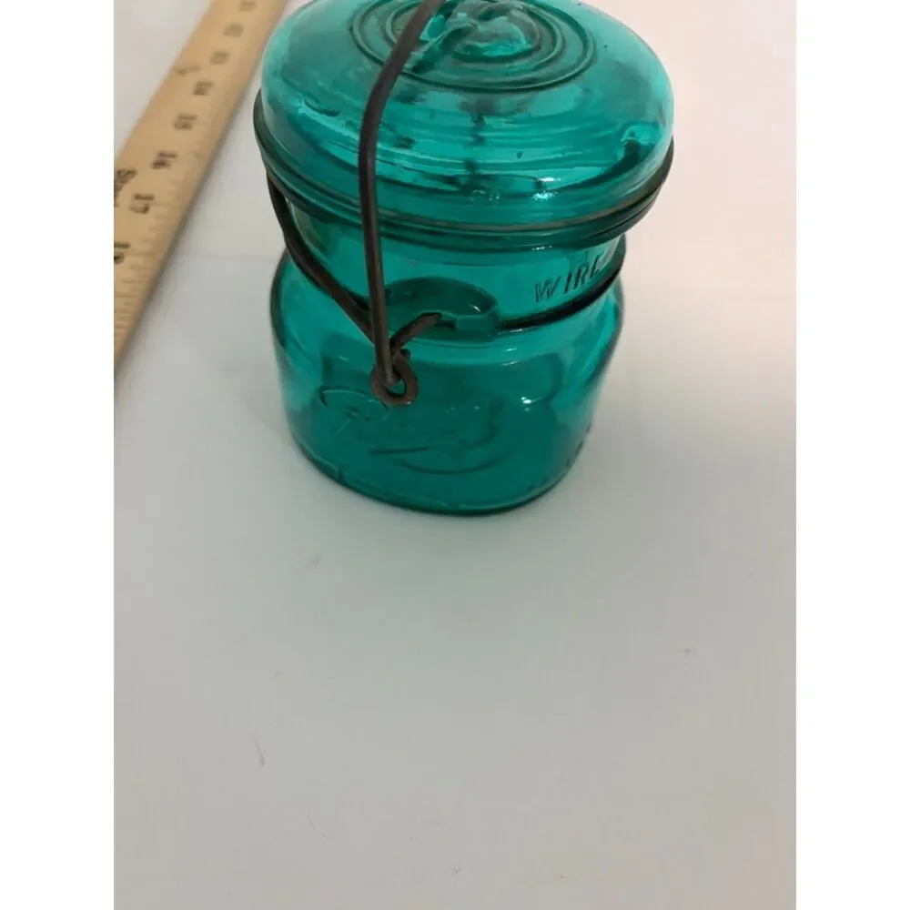 vtg teal ball ideal bicentennial half pint mason jar with wire bail